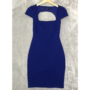 Lulus Dress Womens Small Blue Ponte Knit Sheath Square Neck Open Back Cap Sleeve